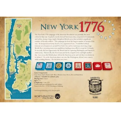 Box cover for New York 1776, showing American soldiers firing muskets beneath a battle flag.