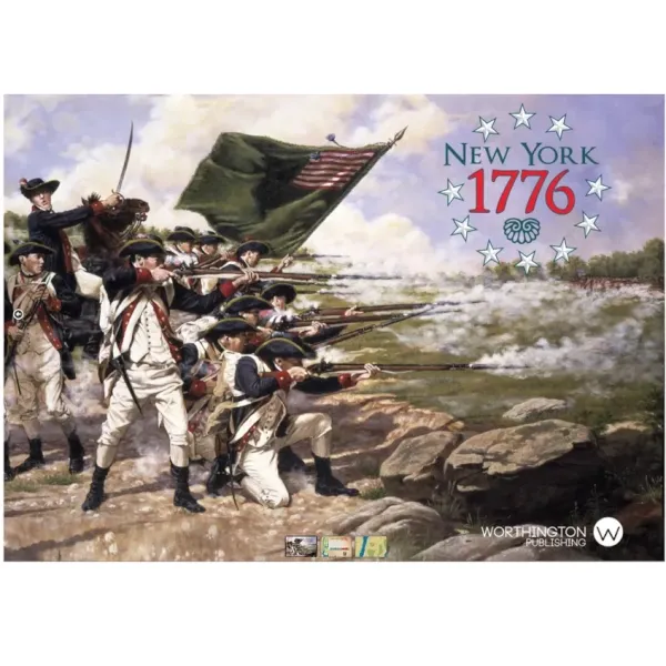 Back cover for New York 1776, showing the campaign map, block pieces, and American Revolution game details.