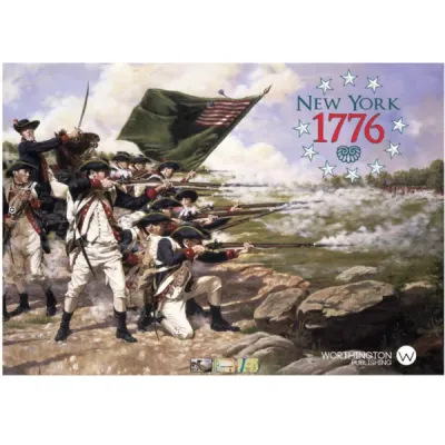Back cover for New York 1776, showing the campaign map, block pieces, and American Revolution game details.