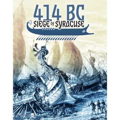 Box cover for 414 BC: Siege of Syracuse, showing ancient warships and soldiers during the siege.