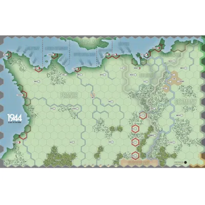 Game board for 1944: D-Day to the Rhine, showing the campaign map from France to western Germany.