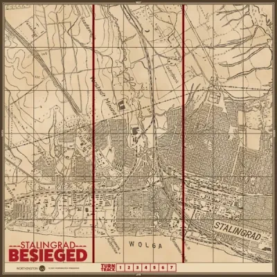 Game board for Stalingrad Besieged, showing a wartime map of Stalingrad and the Volga.