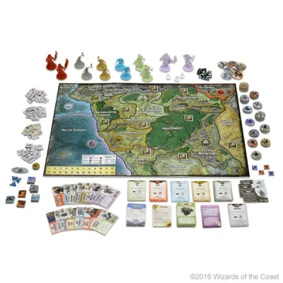 Assault of the Giants board setup with giant miniatures, cards, tokens and dice.