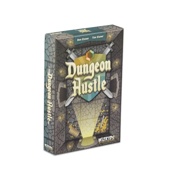 Dungeon Hustle box front with fantasy shield, swords and dungeon doorway artwork.