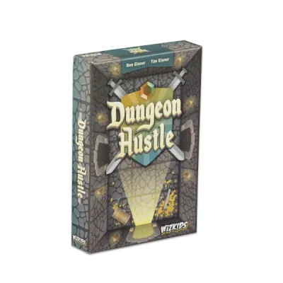 Dungeon Hustle Dungeon Hustle box front with fantasy shield, swords and dungeon doorway artwork.