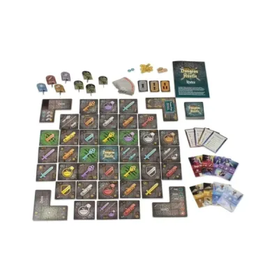 Dungeon Hustle cards, dungeon grid, character pieces, tokens, coins and rulebook.