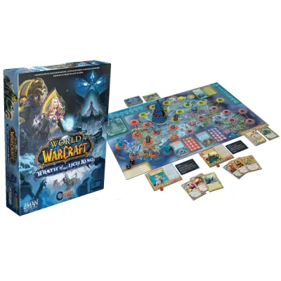 World of Warcraft: Wrath of the Lich King setup with board, cards, miniatures and box.