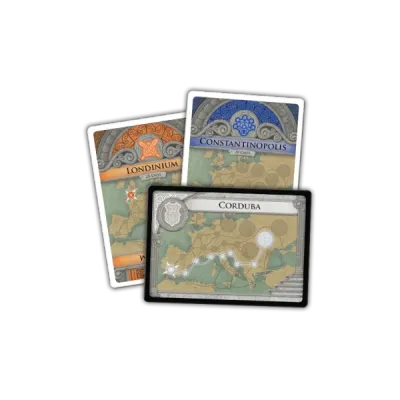 Pandemic: Fall of Rome city cards showing Londinium, Constantinopolis and Corduba.