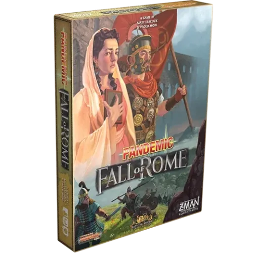 Pandemic: Fall of Rome box front with Roman figures and invading warriors.