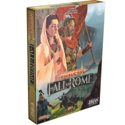 Pandemic: Fall of Rome box front with Roman figures and invading warriors.