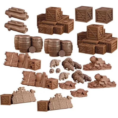 TerrainCrate Dungeon Debris set with crates, barrels, rubble, sacks, logs, broken doors, and wooden barricades.