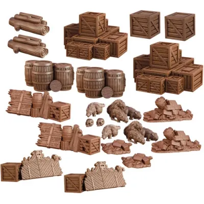 TerrainCrate Dungeon Debris set with crates, barrels, rubble, sacks, logs, broken doors, and wooden barricades.