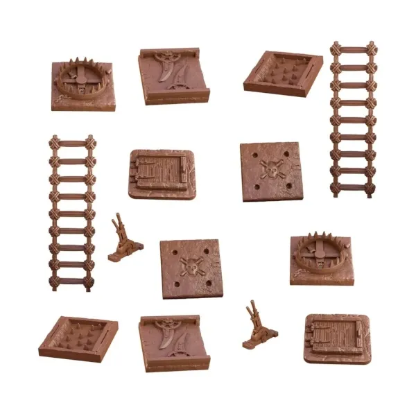 TerrainCrate Dungeon Traps set showing ladders, trap tiles, grates, levers and dungeon hazards.