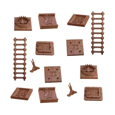 TerrainCrate Dungeon Traps set showing ladders, trap tiles, grates, levers and dungeon hazards.