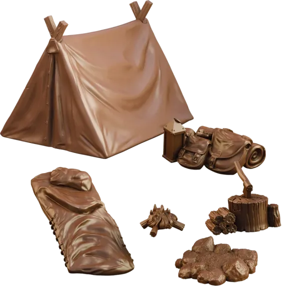 TerrainCrate Hunter’s Camp set showing tent, bedroll, supplies, campfire and firewood terrain pieces.