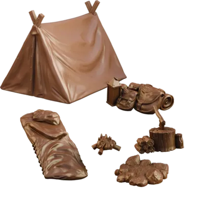 TerrainCrate Hunter’s Camp set showing tent, bedroll, supplies, campfire and firewood terrain pieces.