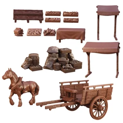 TerrainCrate Market set showing stalls, goods, crates, horse and wooden cart terrain pieces.