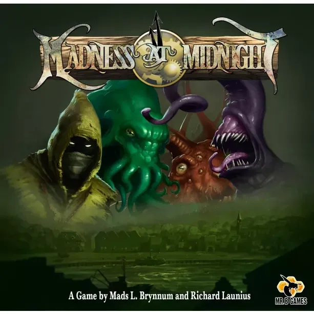 Madness at Midnight box front with hooded cultist, Lovecraftian monsters, and dark Arkham skyline.