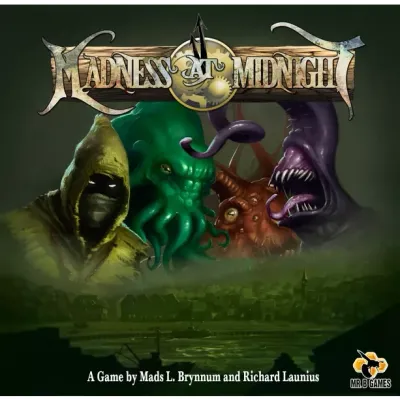 Madness at Midnight box front with hooded cultist, Lovecraftian monsters, and dark Arkham skyline.