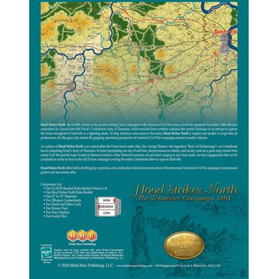 Back cover with Franklin-Nashville campaign map detail, game description, component list, and GCACW branding.