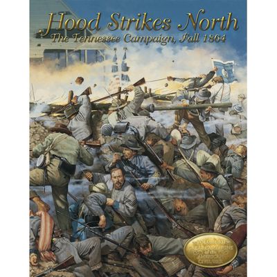 Hood Strikes North box front showing Civil War infantry fighting in smoky battlefield artwork.