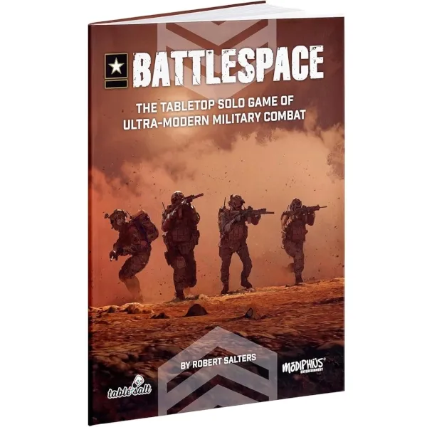 Battlespace solo tabletop game cover with modern soldiers advancing through a dusty combat zone.