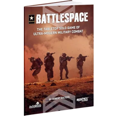 Battlespace solo tabletop game cover with modern soldiers advancing through a dusty combat zone.
