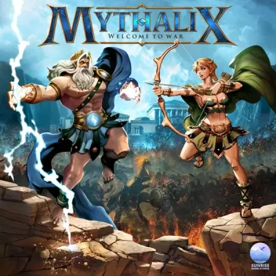 Mythalix box front with Zeus and Artemis in a mythic battlefield scene.