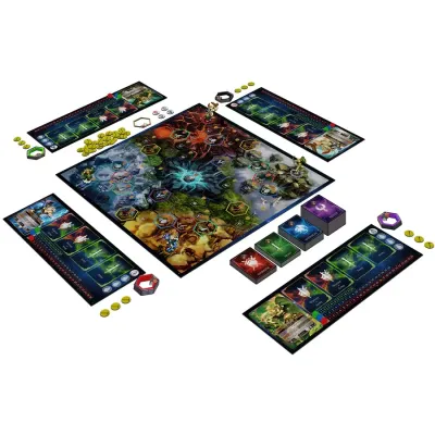 Mythalix game setup with central board, player boards, cards, tokens and god figures.