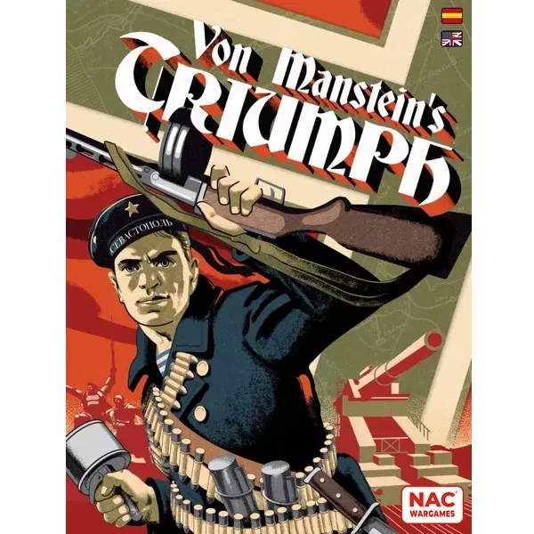 Von Manstein’s Triumph wargame cover with Soviet defender artwork and siege artillery imagery.