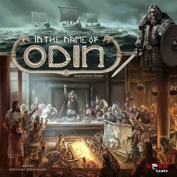 In the Name of Odin board game box with Vikings gathered in a hall and longships at sea.