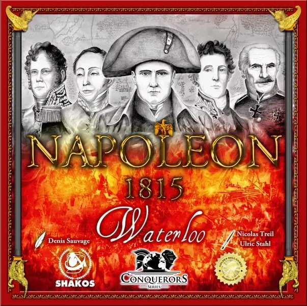 Napoléon 1815 Waterloo wargame cover with Napoleon and Coalition commanders above a battle scene.