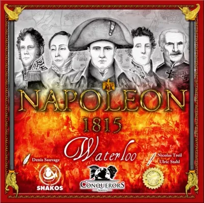 Napoléon 1815 Waterloo wargame cover with Napoleon and Coalition commanders above a battle scene.
