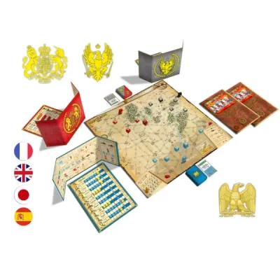 Napoléon 1815 components with campaign map, screens, wooden pieces, charts, cards, and faction markers.