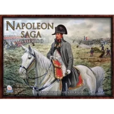 Napoleon Saga: Waterloo – Second Edition Napoleon Saga: Waterloo box cover with Napoleon on horseback and battlefield scene behind him.