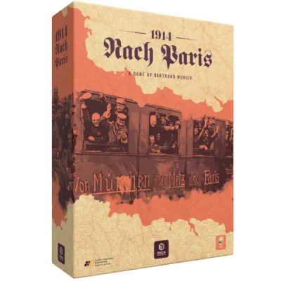 1914 Nach Paris box cover showing soldiers aboard a train in a First World War campaign scene.