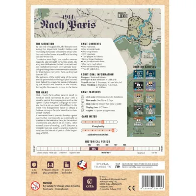 1914 Nach Paris box back with situation text, game contents, counters, features, and map preview.