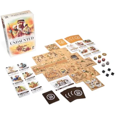 Undaunted: North Africa contents with cards, desert map tiles, tokens, dice, campaign booklet, and box.