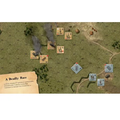 Eastern Front hex map with German and Soviet units, wreck markers, and scenario “A Deadly Race” in summer terrain.