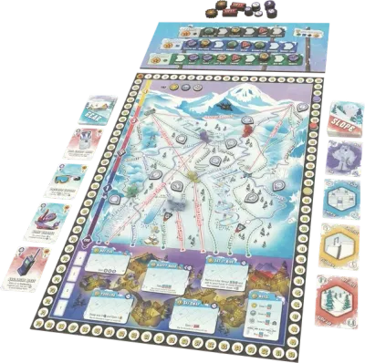 Skull Canyon: Ski Fest contents with ski resort board, slope cards, gear cards, trackers, tokens, and player areas.