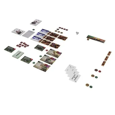 Purple Haze: Tunnel Rats expansion components with tunnel tiles, cards, tokens, dice, and player aids.