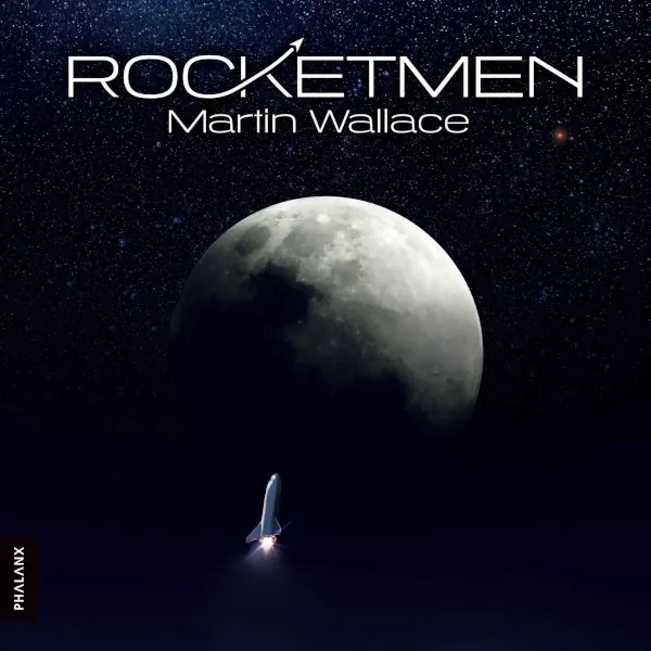 Rocketmen box front with moon, starfield and launching space shuttle.