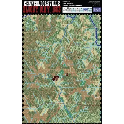 Game map for Chancellorsville Bloody May 1863, showing forest terrain, roads, rivers, and hex grid.