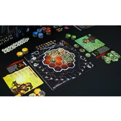 Neuroshima Hex! The Year of Moloch components with board, tiles, markers and reference sheets.