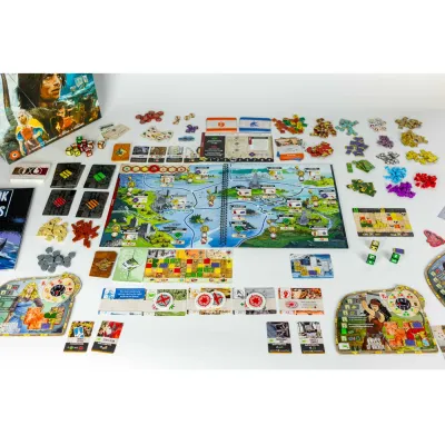 Thorgal: The Board Game components with storybook map, cards, tokens, dice and player boards.