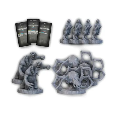 Cthulhu Wars Dreamlands Underworld Monster Pack contents showing Ghasts, Leng Spiders, Gugs, and loyalty cards.