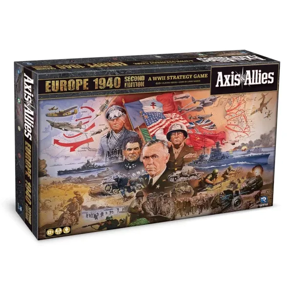 Axis &amp; Allies Europe 1940 Second Edition box front with World War II leaders, aircraft, tanks, ships, and troops.