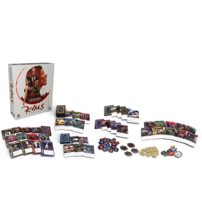 Vampire The Masquerade Rivals contents with core box, cards, clan decks, city deck, tokens, and dividers.