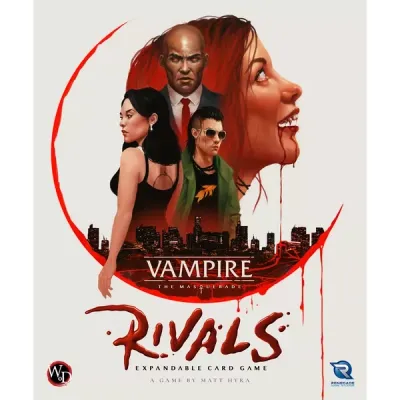 Vampire The Masquerade Rivals core set box front showing vampire characters over a city skyline.