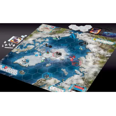 G.I. JOE Battle for the Arctic Circle board overview showing Arctic map, bases, units, cards, and tokens.